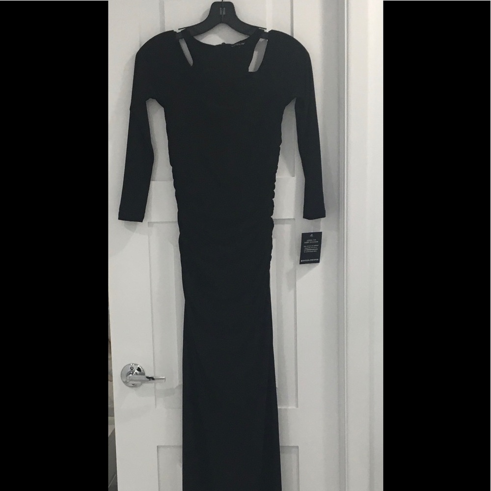 BOSTON PROPER Black Cold-Shoulder Ruched Slit Gown - Picture 4 of 8